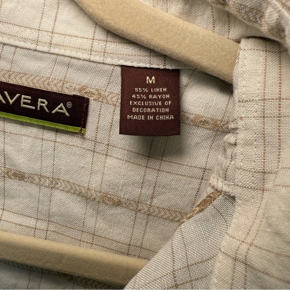 Cubavera Large Stone Beige+ Tan Aztec Plaid Khaki Trim Linen Rayon BD Shirt M - Picture 10 of 10